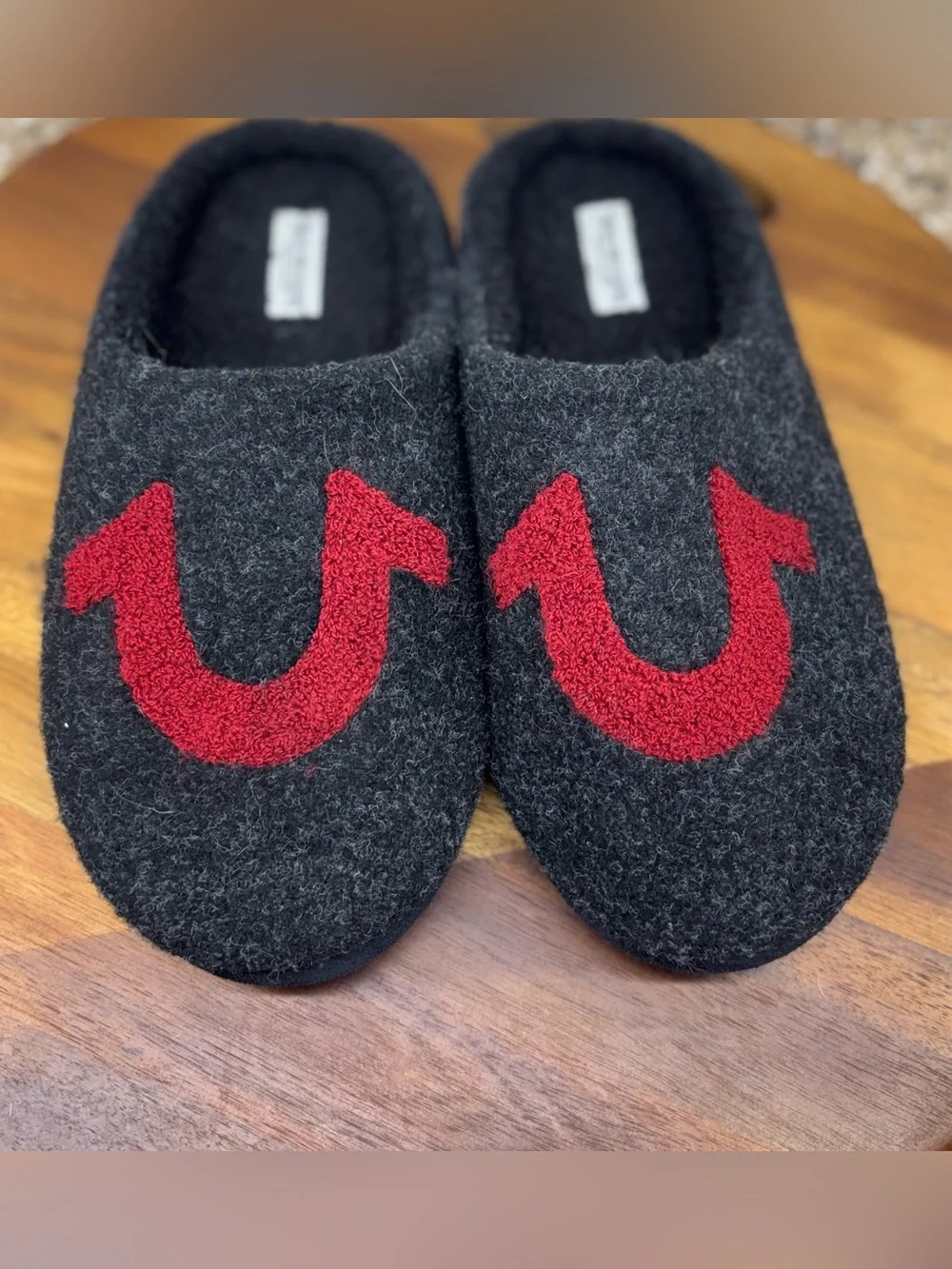 True Religion Slippers Gray Mule Felt Horseshoe Logo Lined House